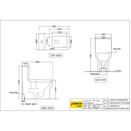 Унитаз напольный Essco Aspire AIS-WHT-101853S300SPPSM Белый с бачком